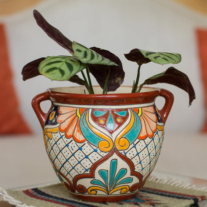Sunlit Stroll Talavera Style Russet Rim Floral Ceramic Flowerpot Urn
