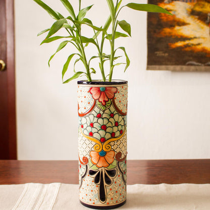 Garden Grandeur Talavera Style Floral Trellis and Dot Motif Ceramic Vase