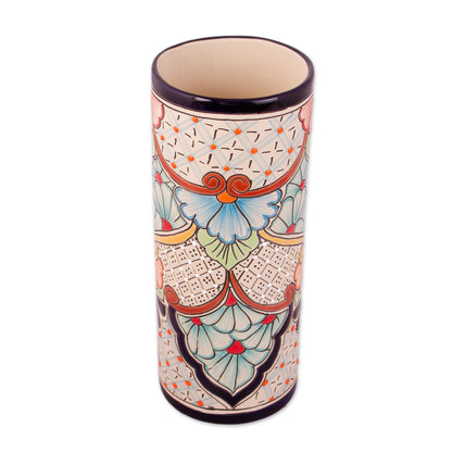 Garden Grandeur Talavera Style Floral Trellis and Dot Motif Ceramic Vase