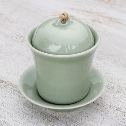 Cup of Comfort in Green Handcrafted Celadon Green Ceramic Soup Cup Lid Saucer Set