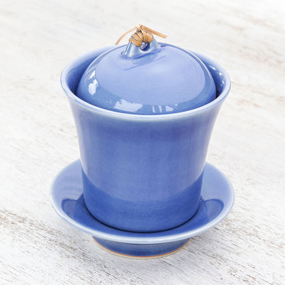 Cup of Comfort in Blue Handcrafted Blue Ceramic Soup Cup Set with Lid and Saucer