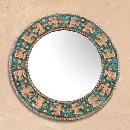 Pre-Hispanic Birds Bird Motif Copper Wall Mirror Crafted in Peru