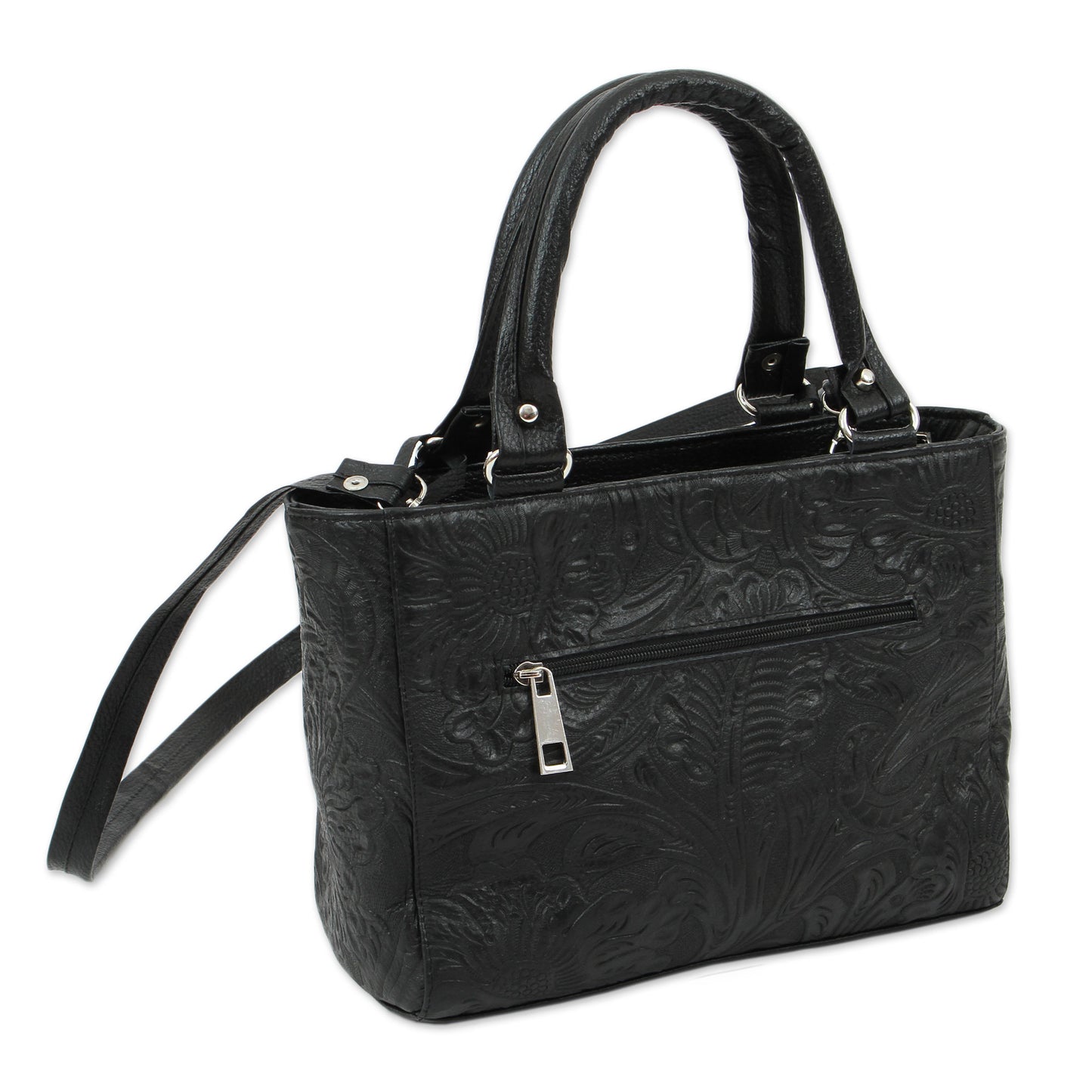 Flower Carrier in Black Floral Embossed Leather Shoulder Bag in Black from Mexico