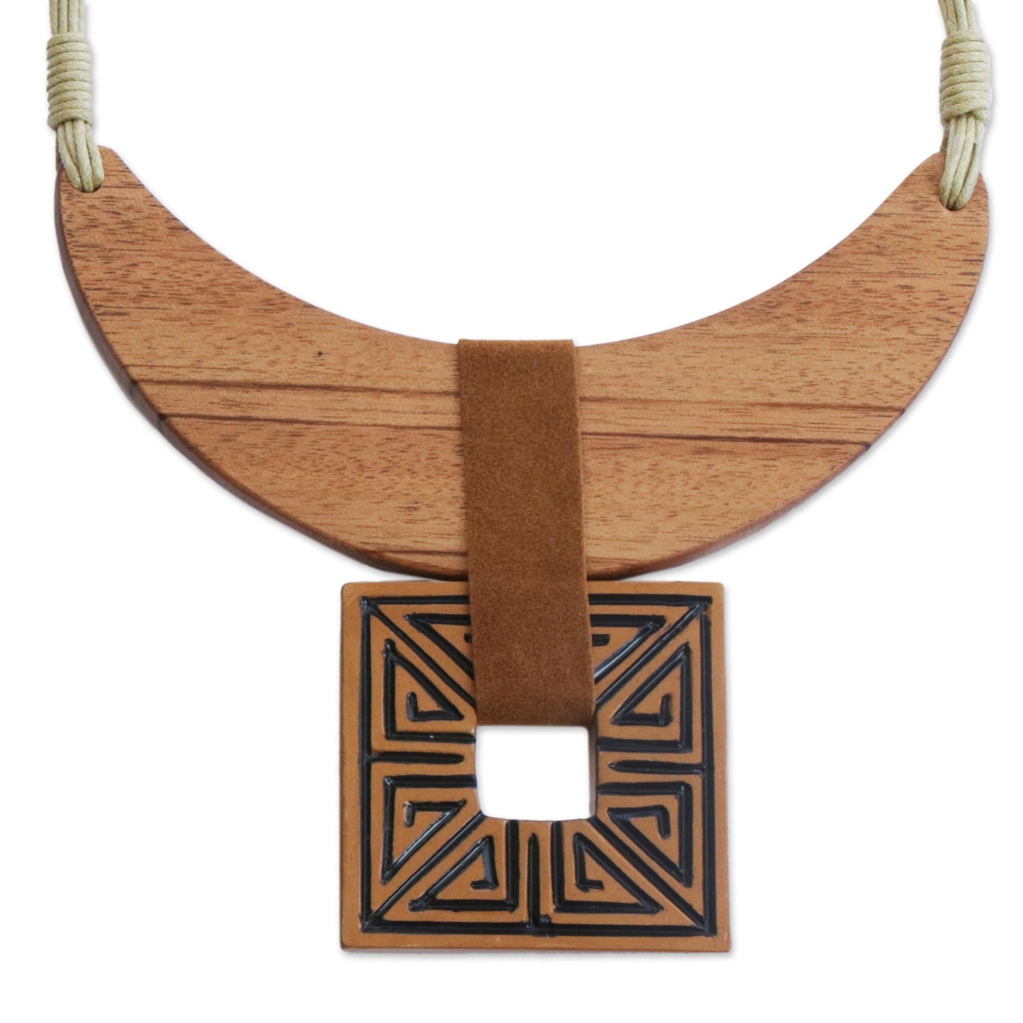 Ancient Royalty Wood and Ceramic Statement Necklace Handcrafted in Brazil