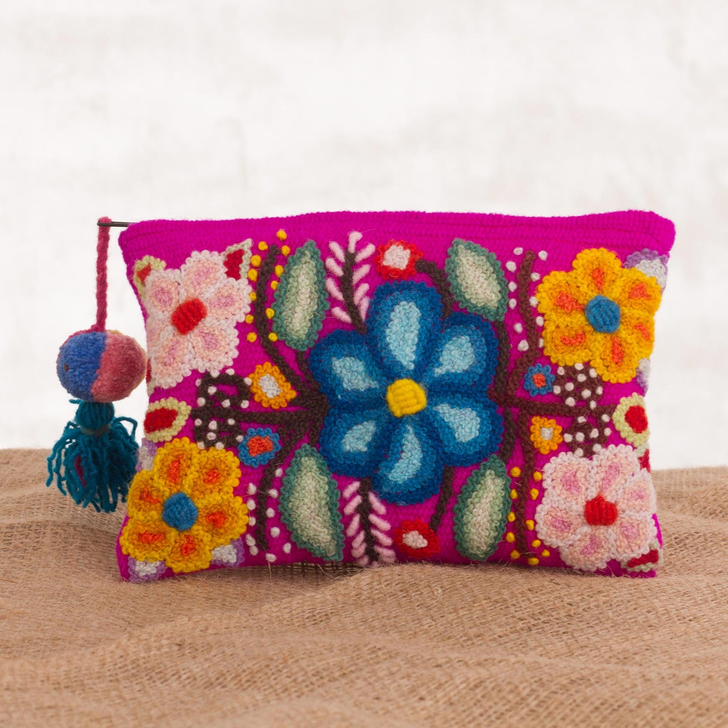 Fuchsia Garden Handmade Floral 100% Alpaca Clutch in Fuchsia from Peru