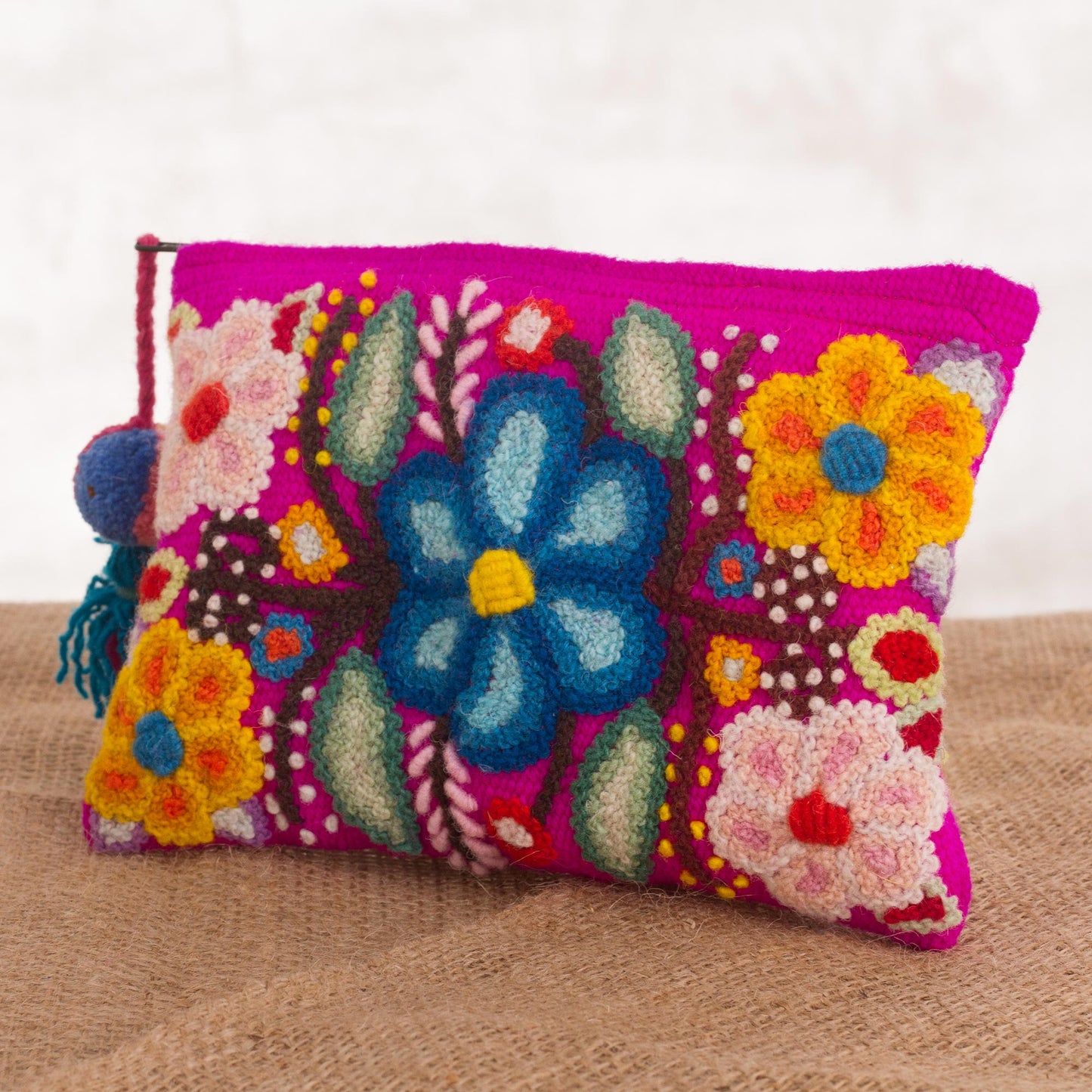 Fuchsia Garden Handmade Floral 100% Alpaca Clutch in Fuchsia from Peru