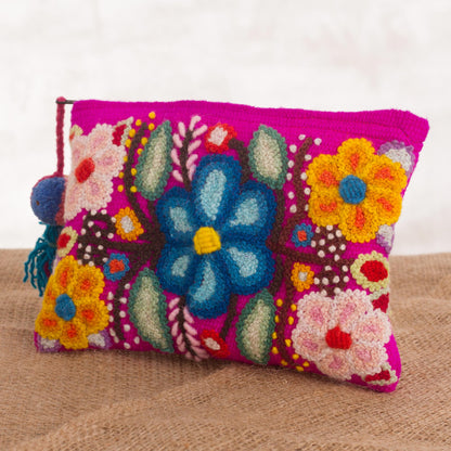 Fuchsia Garden Handmade Floral 100% Alpaca Clutch in Fuchsia from Peru