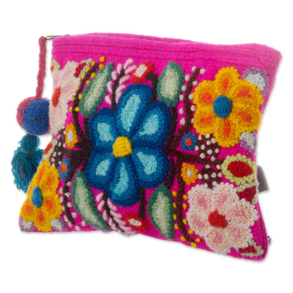 Fuchsia Garden Handmade Floral 100% Alpaca Clutch in Fuchsia from Peru