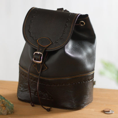 Machu Picchu Journey Handcrafted Leather Backpack in Black from Peru