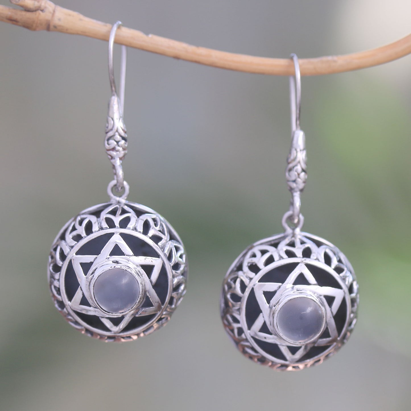 Six Points Moonstone Six-Pointed Star Dangle Earrings from Bali