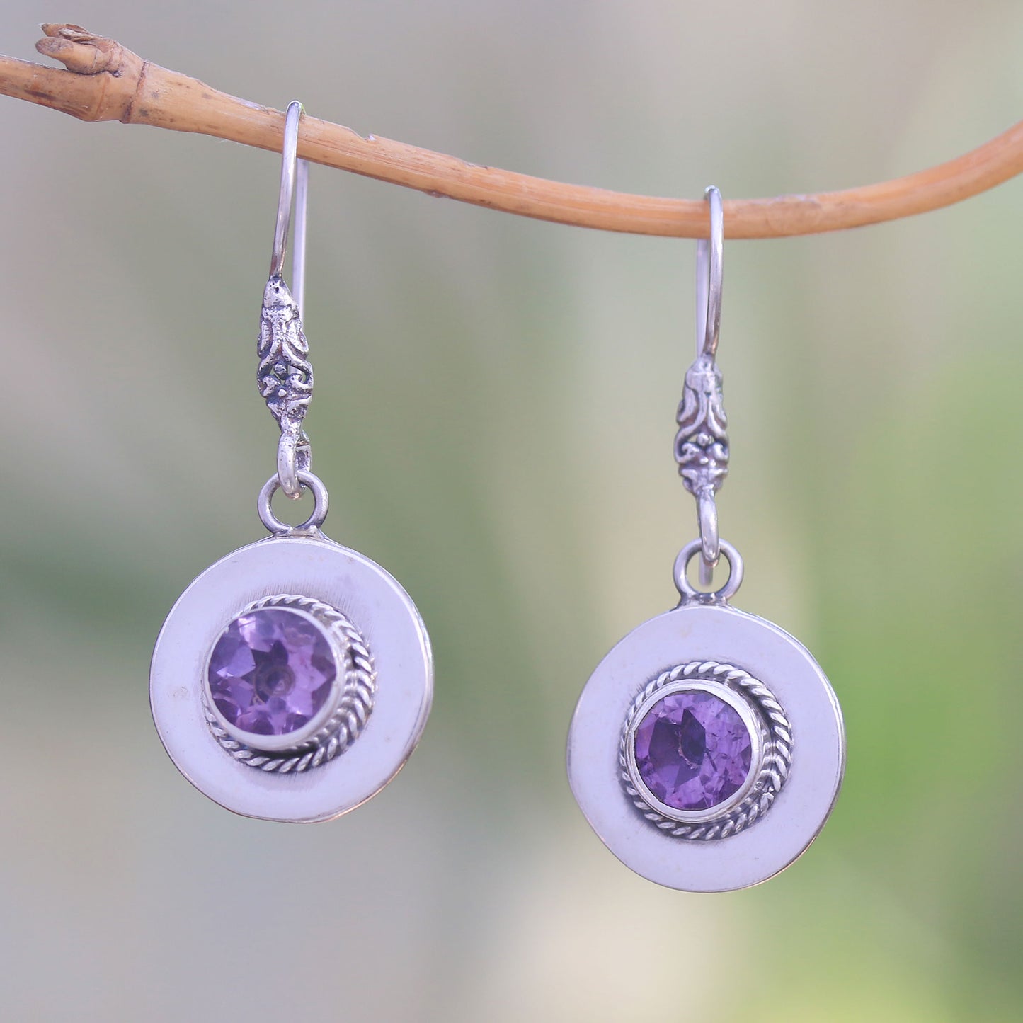 Sparkling Frames Circular Amethyst Dangle Earrings from Bali