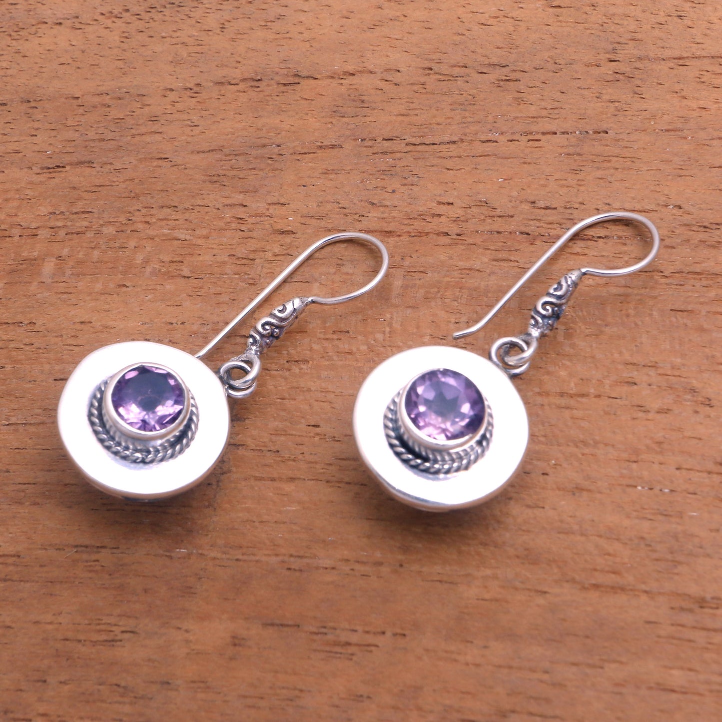 Sparkling Frames Circular Amethyst Dangle Earrings from Bali