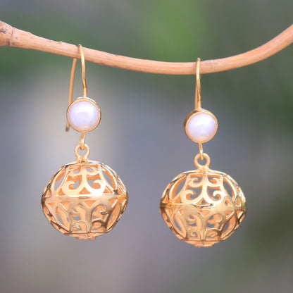 Glowing Lanterns Gold Plated Cultured Pearl Dangle Earrings from Bali