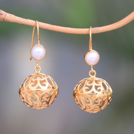 Glowing Lanterns Gold Plated Cultured Pearl Dangle Earrings from Bali