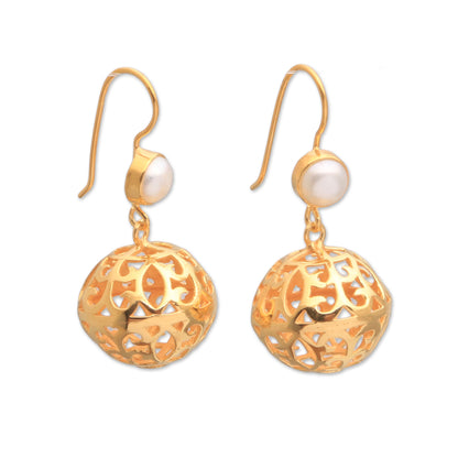 Glowing Lanterns Gold Plated Cultured Pearl Dangle Earrings from Bali