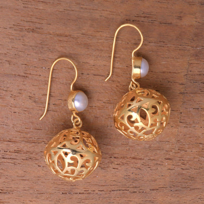 Glowing Lanterns Gold Plated Cultured Pearl Dangle Earrings from Bali