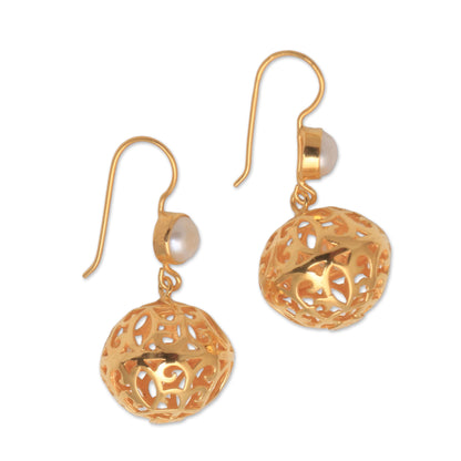 Glowing Lanterns Gold Plated Cultured Pearl Dangle Earrings from Bali