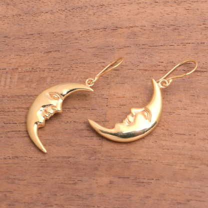 Happy Moon Gold Plated Sterling Silver Moon Dangle Earrings from Bali