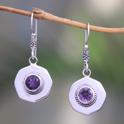 Gleaming Lanterns Circular Amethyst Dangle Earrings from Bali