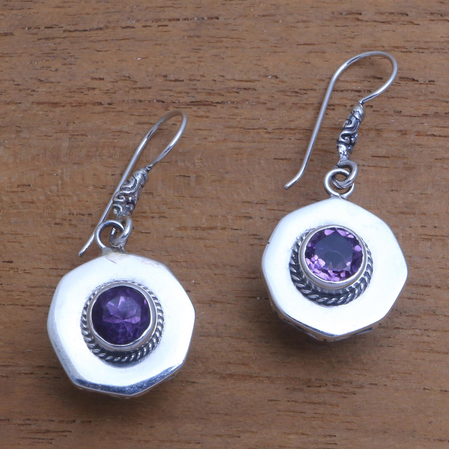 Gleaming Lanterns Circular Amethyst Dangle Earrings from Bali