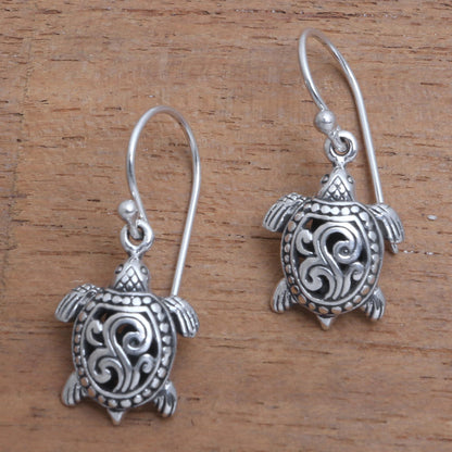 Ancient Turtle Sterling Silver Sea Turtle Dangle Earrings from Bali