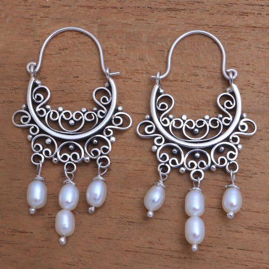 Silver-White Dew Silver-White Cultured Pearl Chandelier Earrings from Bali