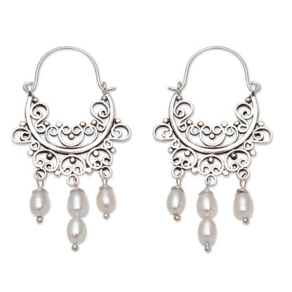 Silver-White Dew Silver-White Cultured Pearl Chandelier Earrings from Bali