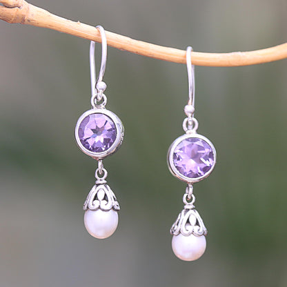 Fruit of Light Amethyst and Cultured Pearl Dangle Earrings from Bali