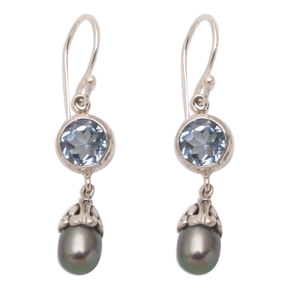 Fruit of Light Blue Topaz and Cultured Pearl Dangle Earrings from Bali