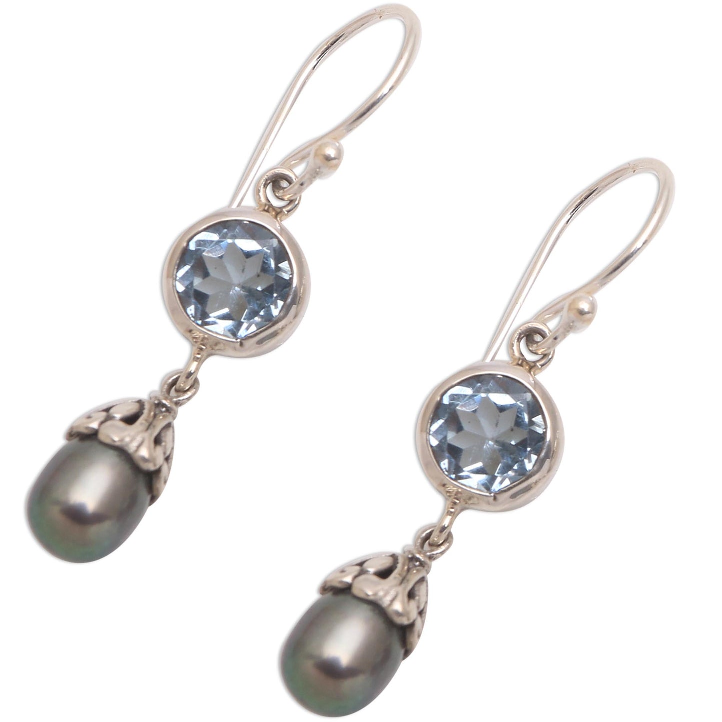 Fruit of Light Blue Topaz and Cultured Pearl Dangle Earrings from Bali