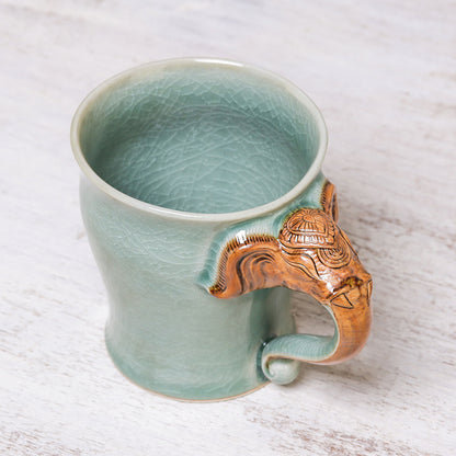 Elephant Handle in Green Celadon Ceramic Elephant Mug in Green from Thailand (10 oz.)