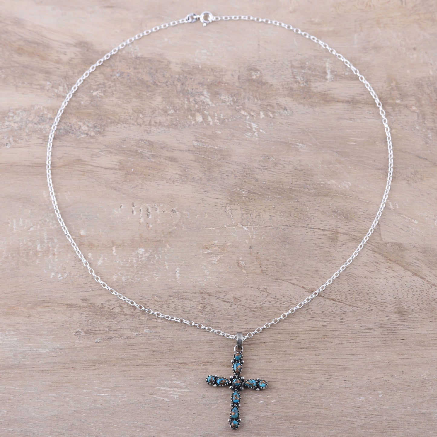 Vibrant Cross 925 Sterling Silver and Composite Turquoise Cross Necklace