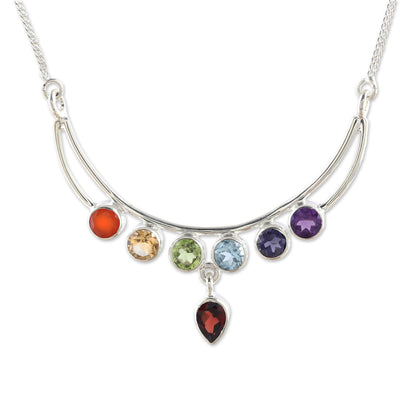 Peaceful Crescent Handmade Sterling Silver and Multi-Gemstone Chakra Necklace