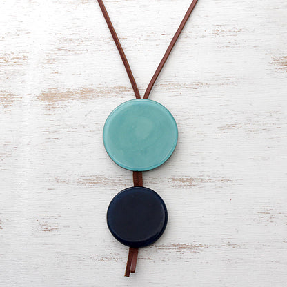 Circular Modernity in Blue Blue Glass and Leather Pendant Necklace from Brazil