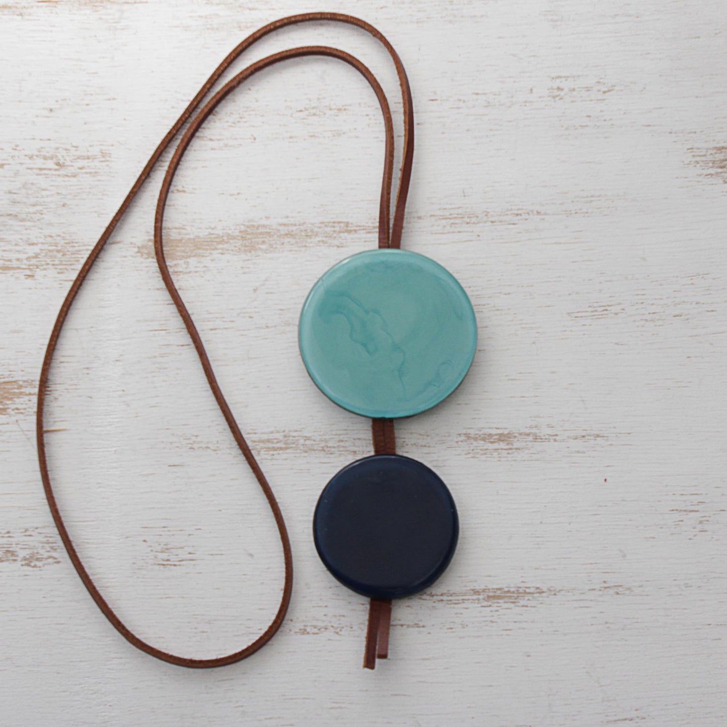 Circular Modernity in Blue Blue Glass and Leather Pendant Necklace from Brazil