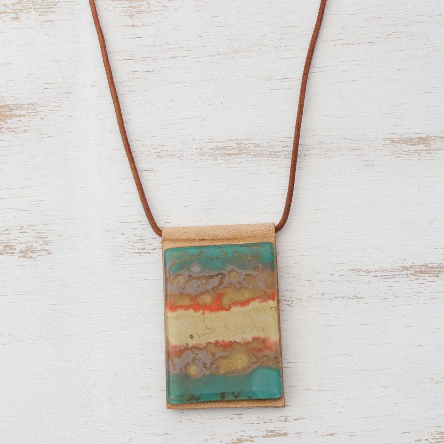 Seaside Layered Glass and Leather Pendant Necklace from Brazil