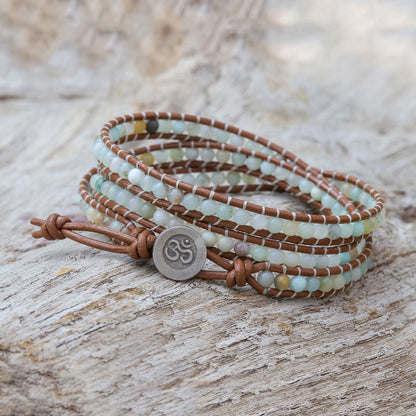 Calm Touch Om-Themed Quartz Beaded Wrap Bracelet from Thailand