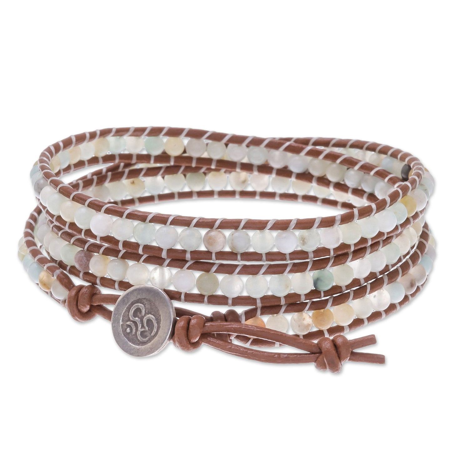 Calm Touch Om-Themed Quartz Beaded Wrap Bracelet from Thailand