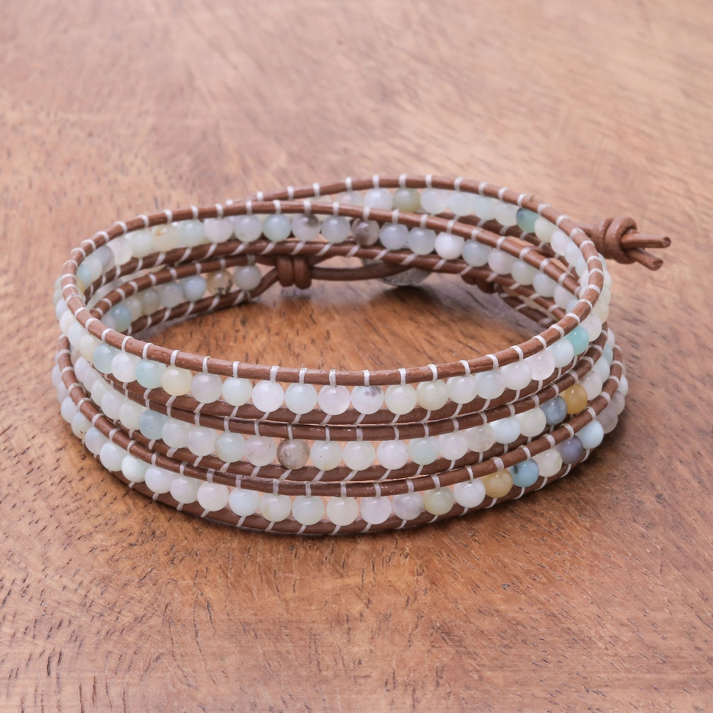 Calm Touch Om-Themed Quartz Beaded Wrap Bracelet from Thailand