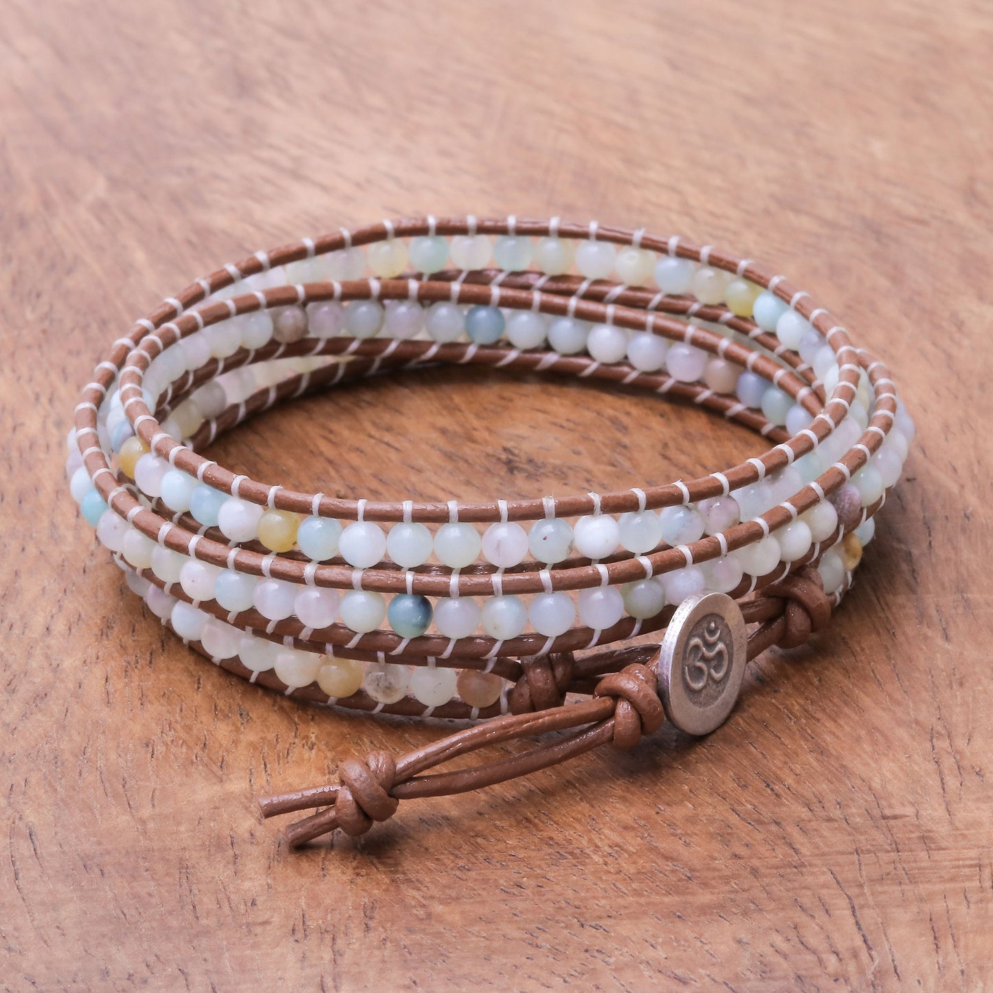 Calm Touch Om-Themed Quartz Beaded Wrap Bracelet from Thailand