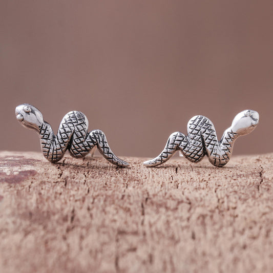 Cute Snakes Sterling Silver Snake Button Earrings from Thailand