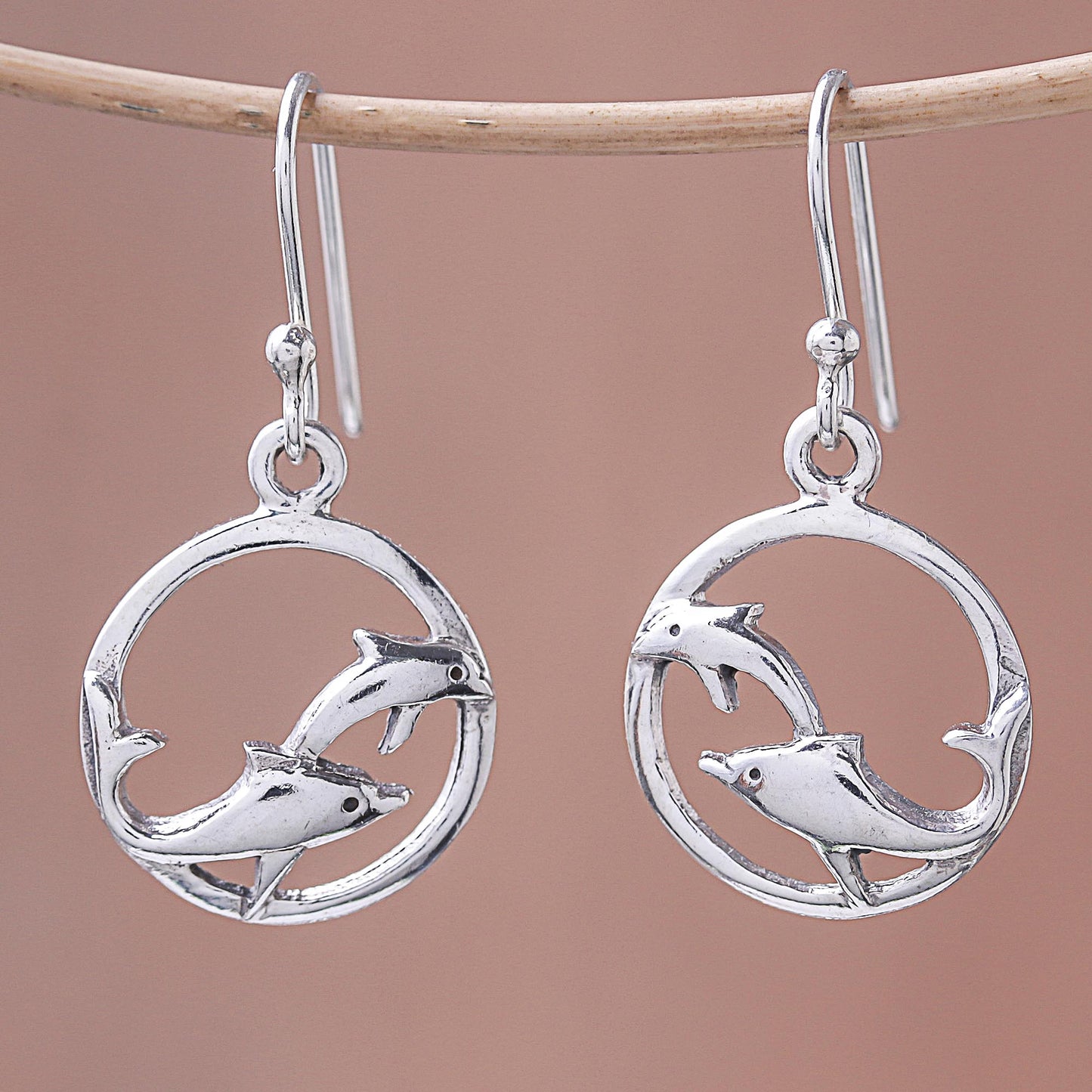 Dolphin Circle Sterling Silver Dolphin Dangle Earrings from Thailand