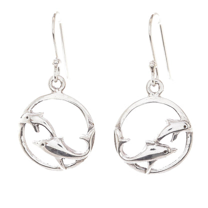 Dolphin Circle Sterling Silver Dolphin Dangle Earrings from Thailand