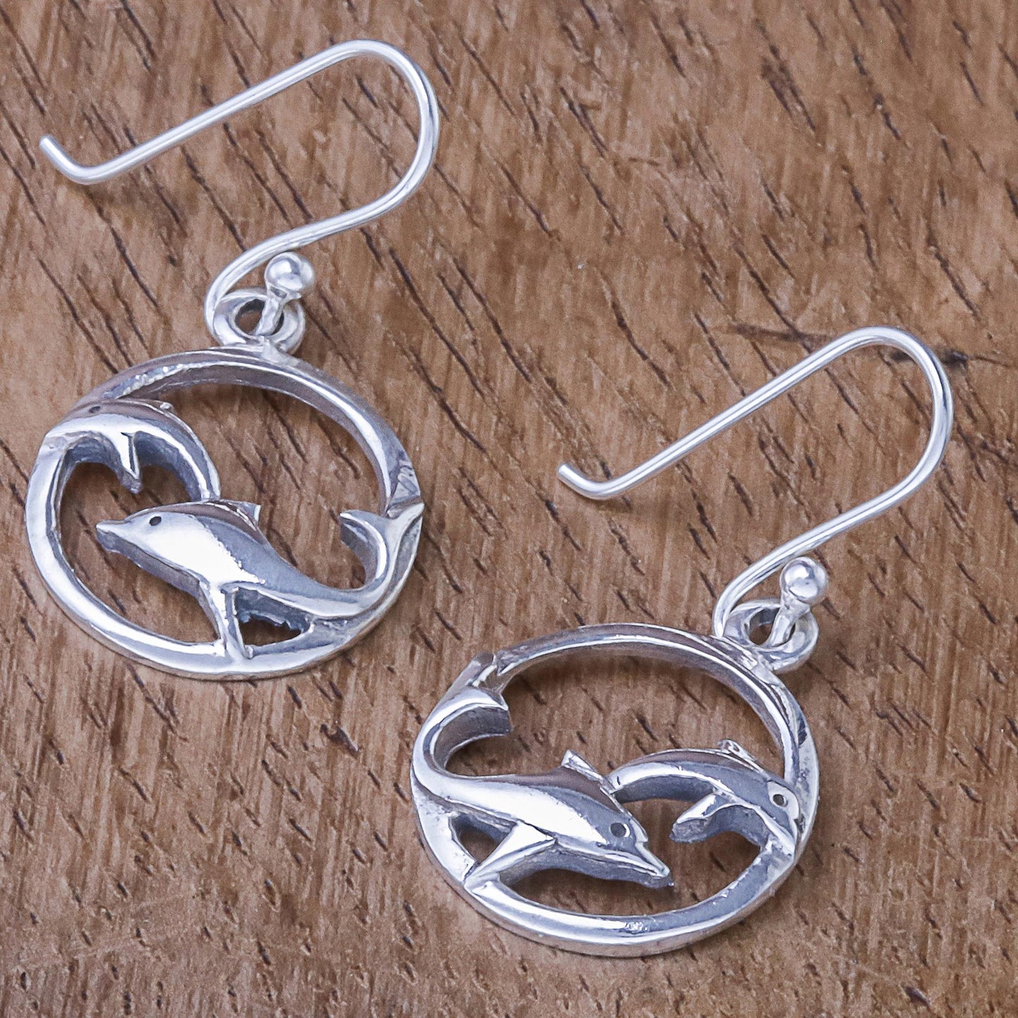 Dolphin Circle Sterling Silver Dolphin Dangle Earrings from Thailand