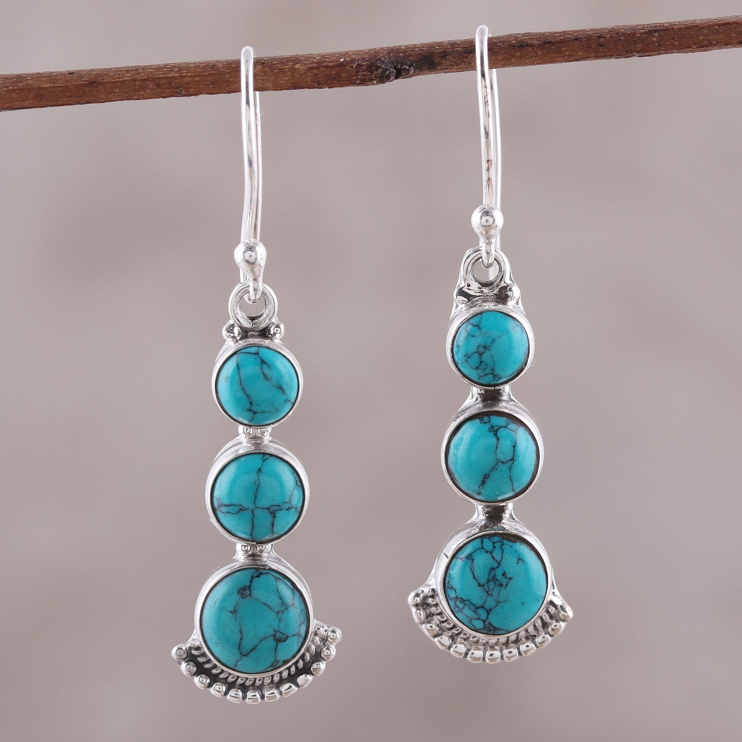 Triple Gleam Round Sterling Silver and Composite Turquoise Earrings