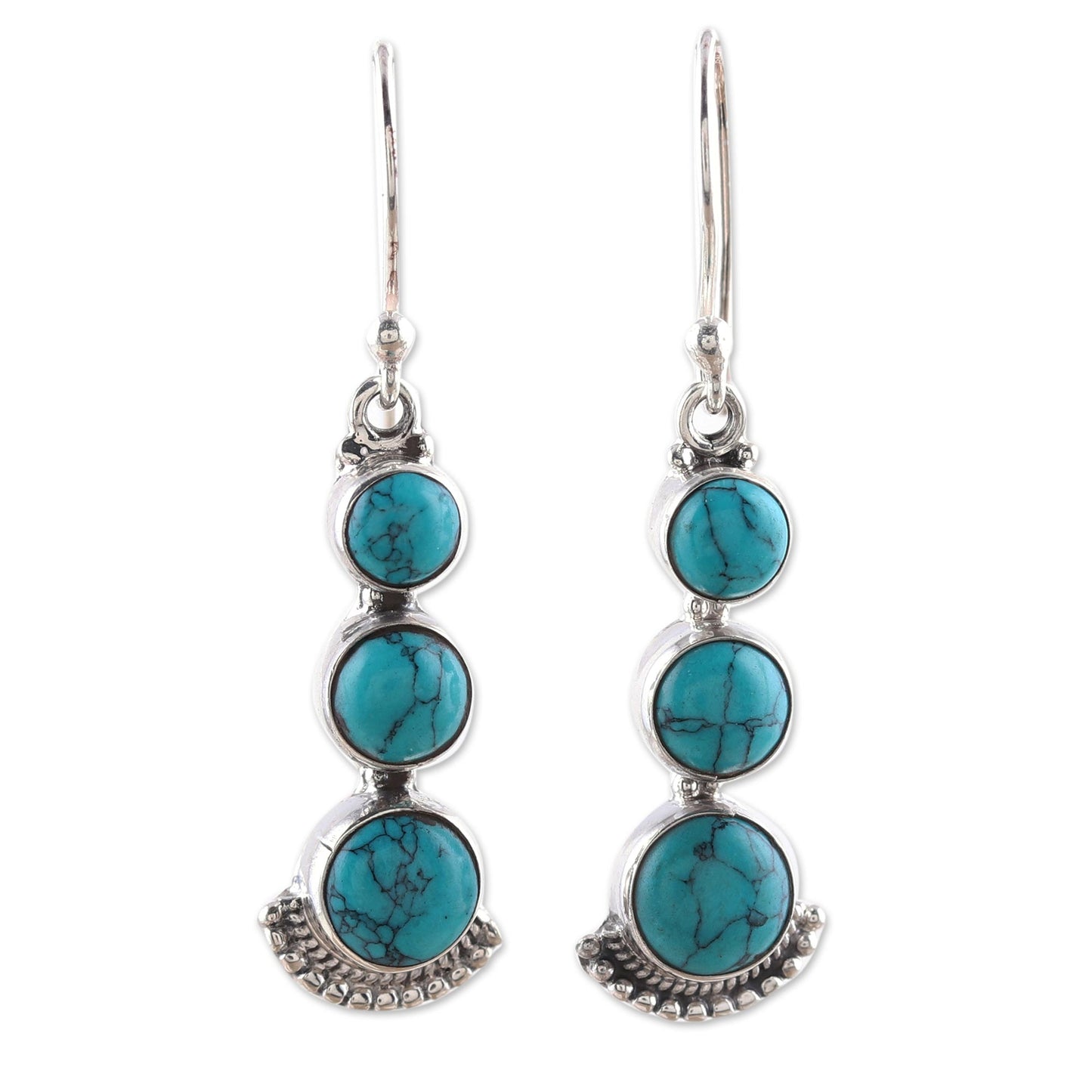 Triple Gleam Round Sterling Silver and Composite Turquoise Earrings