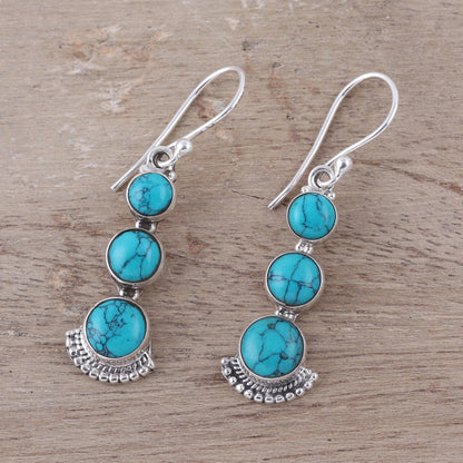 Triple Gleam Round Sterling Silver and Composite Turquoise Earrings