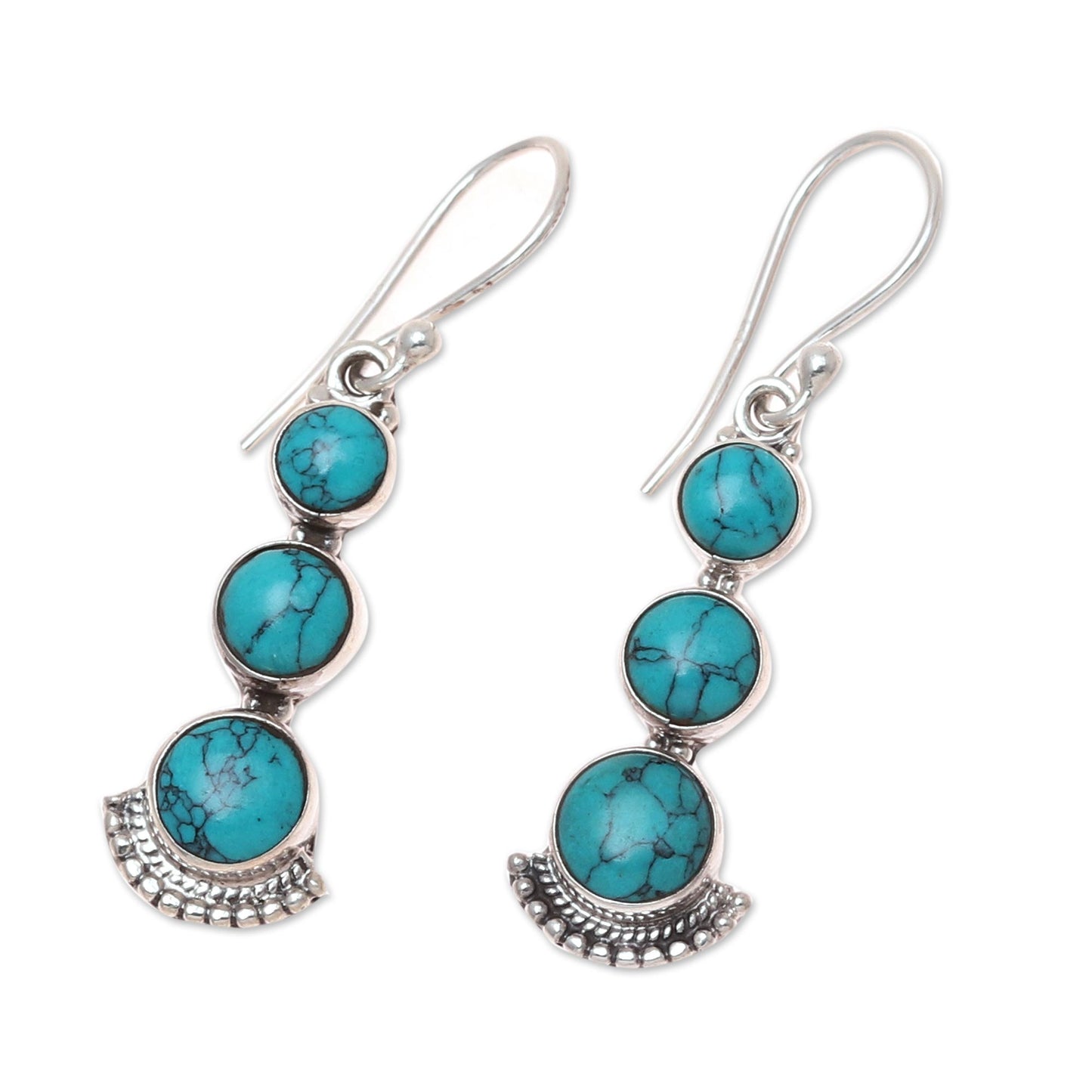 Triple Gleam Round Sterling Silver and Composite Turquoise Earrings