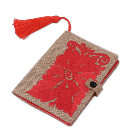 Deep Rose Floral Embroidered Cotton Passport Wallet in Deep Rose