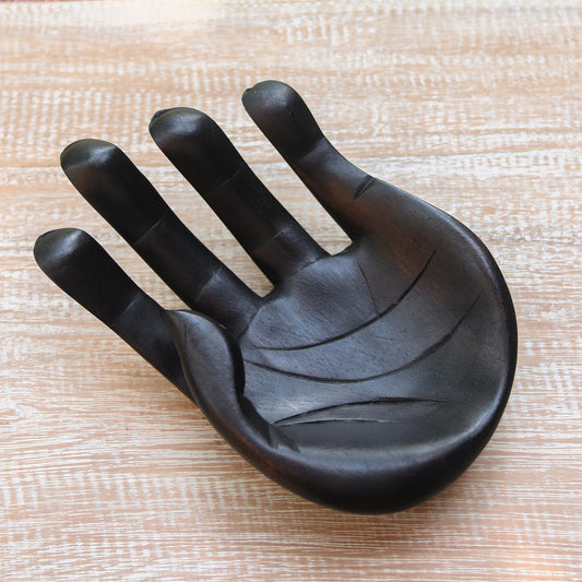 Black Palm Hand-Carved Wood Sculpture of a Hand in Black from Indonesia